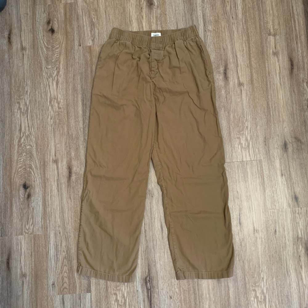 TEKLA cotton drawstring pyjama pants w/ front pockets in tan brown‎ - size large